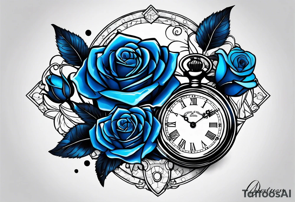 Pocket watch, banners, blue roses tattoo idea