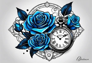 Pocket watch, banners, blue roses tattoo idea