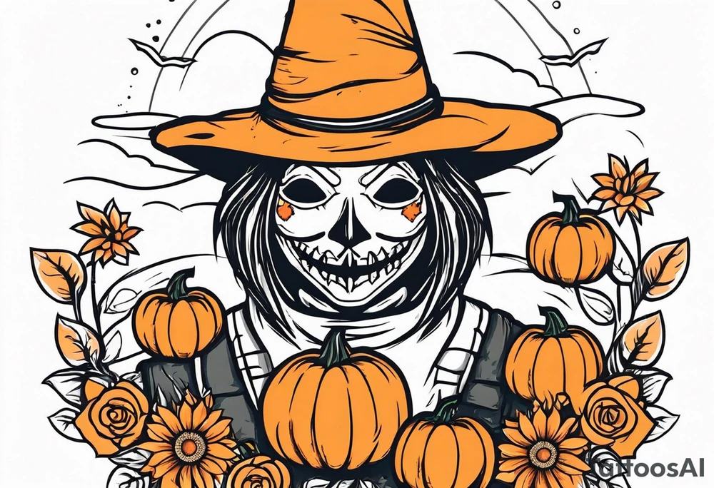 friendly scarecrow with pumpkins and flowers tattoo idea