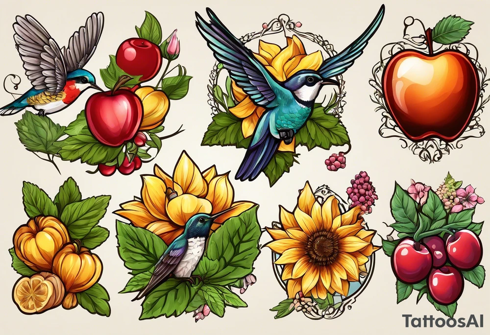 Hops, Rosemary, Thyme, Sage, Juniper, Corn, Wheat, Rose, Sunflower, Cherry blossom, Apple blossom, Honeycomb, Maple leaves, Violet/primrose, Carrot, Cherry, Apple/apple core, Acorns

Hawk, Lightbulb, Hummingbird tattoo idea