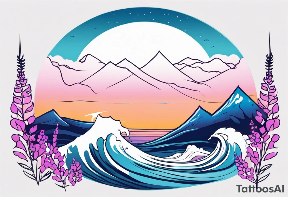 ocean wave with lupine and fireweed. no mountains tattoo idea