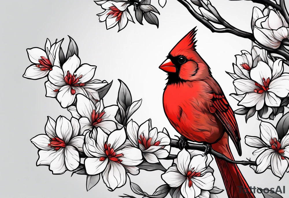 Trees, flowers, red cardinal, representing growth from grief tattoo idea