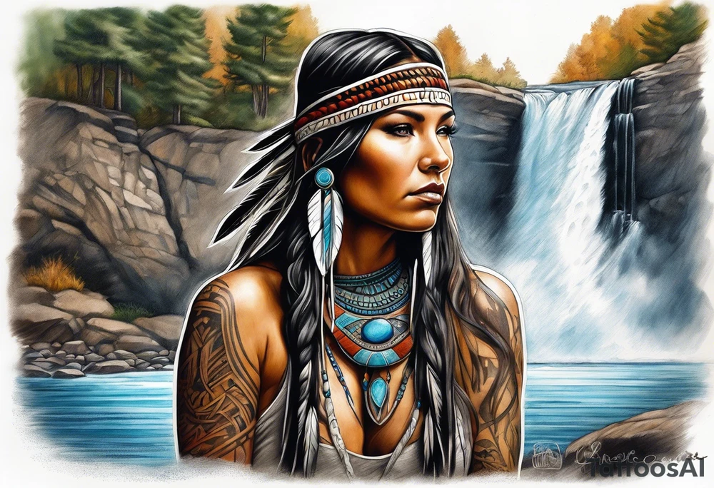 A native American Indian woman by a waterfall she is Aquarius water barrer she has tattoos and her eyes can see right through you tattoo idea