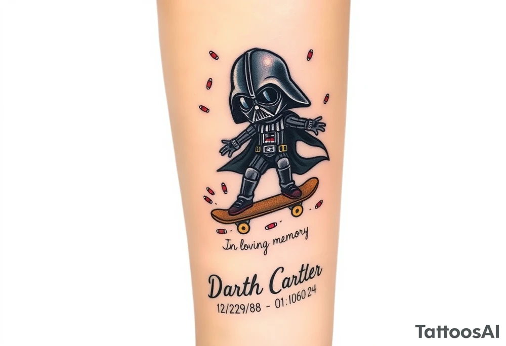 Darth Vader skateboarding > bullets > in loving memory > colors
add words "Darth Carter" to skateboard
add date 12/29/88-01/06/24 tattoo idea