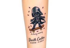 Darth Vader skateboarding > bullets > in loving memory > colors
add words "Darth Carter" to skateboard
add date 12/29/88-01/06/24 tattoo idea