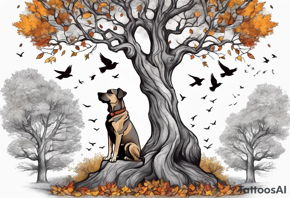 Autumn tree with a medium size grey brindle dog sitting under it and to the right facing it looking up and birds flying from the top right of the tree far view and full tree tattoo idea