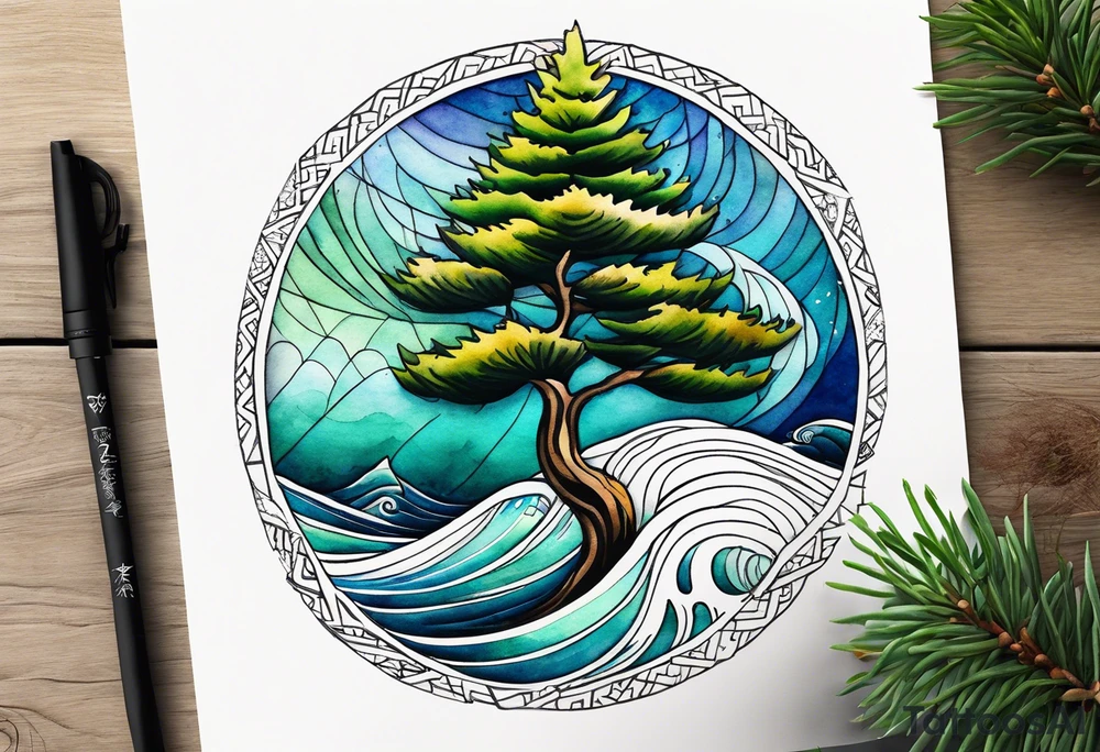 Spruce tree. Ocean waves incorporated.  The words “salt air” integrated into the design.  Geometric and abstract watercolor. tattoo idea