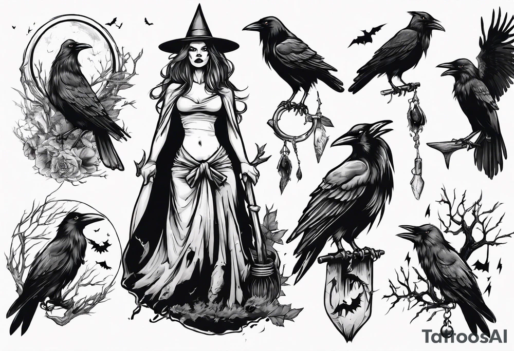 witch with crows tattoo idea