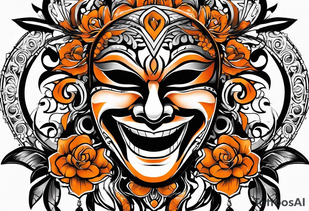 Laughing mask that is orange and black tattoo idea