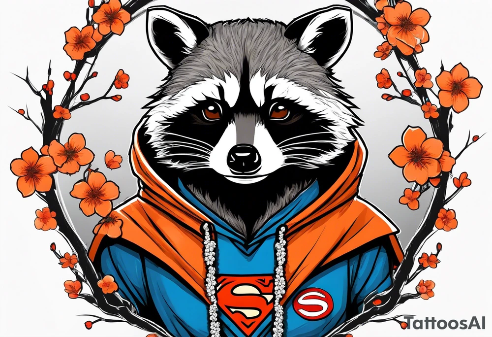 raccoon wearing a Superman hoodie with black and white logo and orange Japanese cherry blossoms tattoo idea
