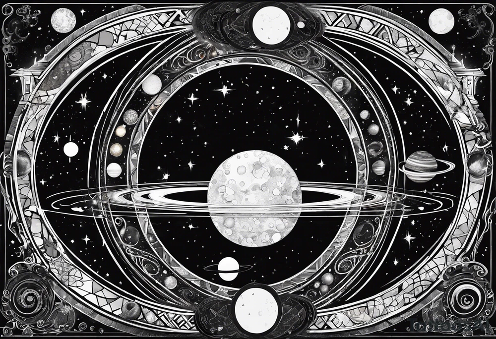 A tattoo featuring a cosmic scene with planets, black holes, and supernovae intertwined with intricate linguistic symbols, reflecting the client's interests in cosmology and linguistics. tattoo idea