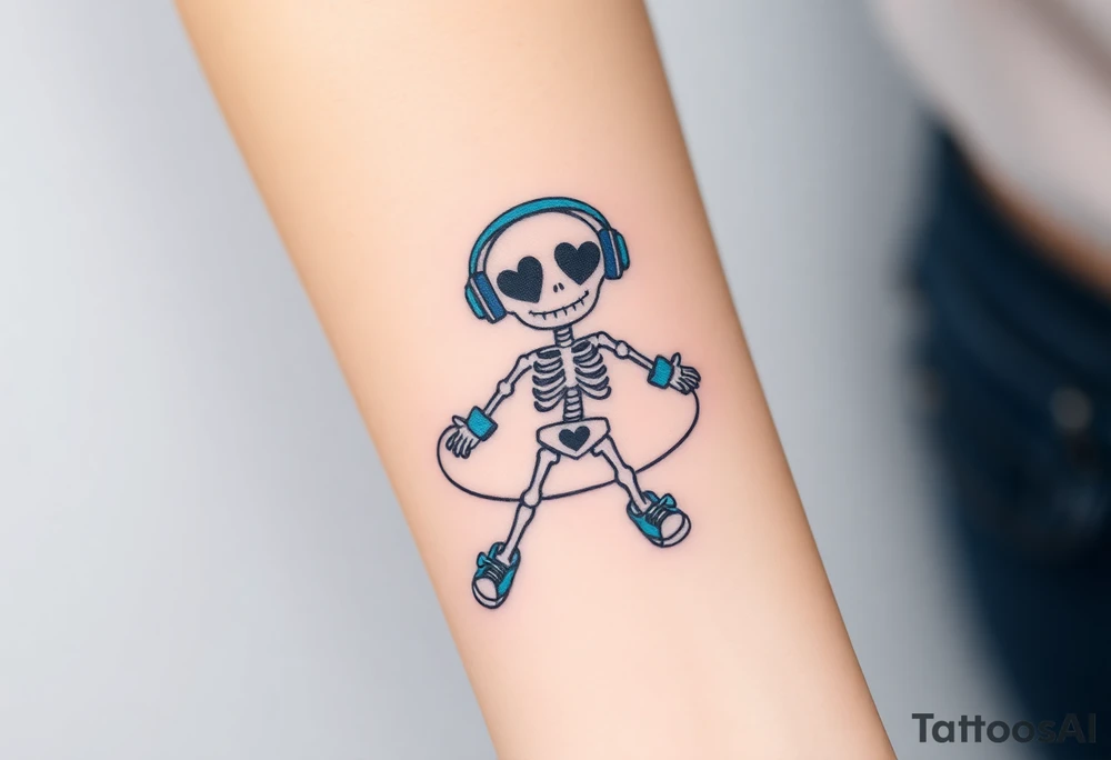 Cute smiley skeleton with heart shape eyes  jumping on a jump rope with both hands blue headphones blue armbands blue sneakers and colorful  music notes around his head tattoo idea
