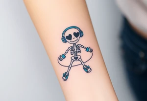Cute smiley skeleton with heart shape eyes  jumping on a jump rope with both hands blue headphones blue armbands blue sneakers and colorful  music notes around his head tattoo idea