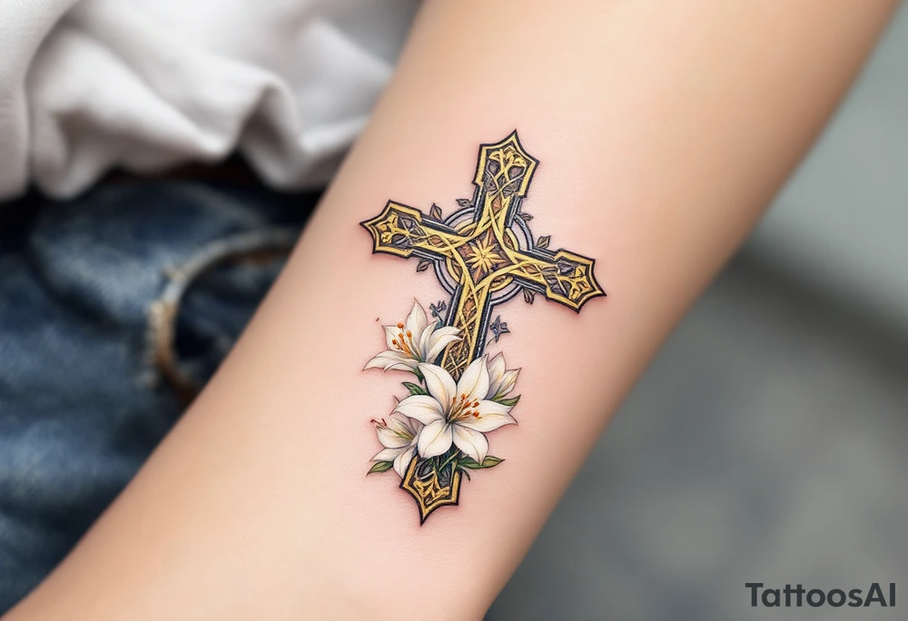 A golden Celtic cross with delicate white lilies blooming from its base, representing purity and divine love. tattoo idea