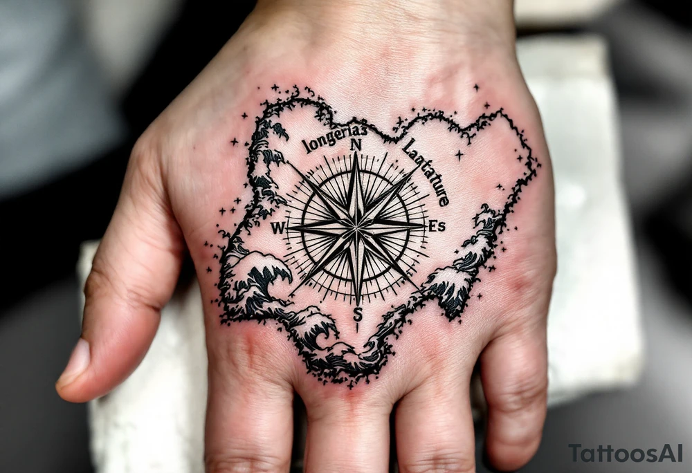 Compass on the back of the palm in the shape of Nigeria with longitude written on the top and latitude written on the bottom. Draw lines and water waves around the tattoo tattoo idea