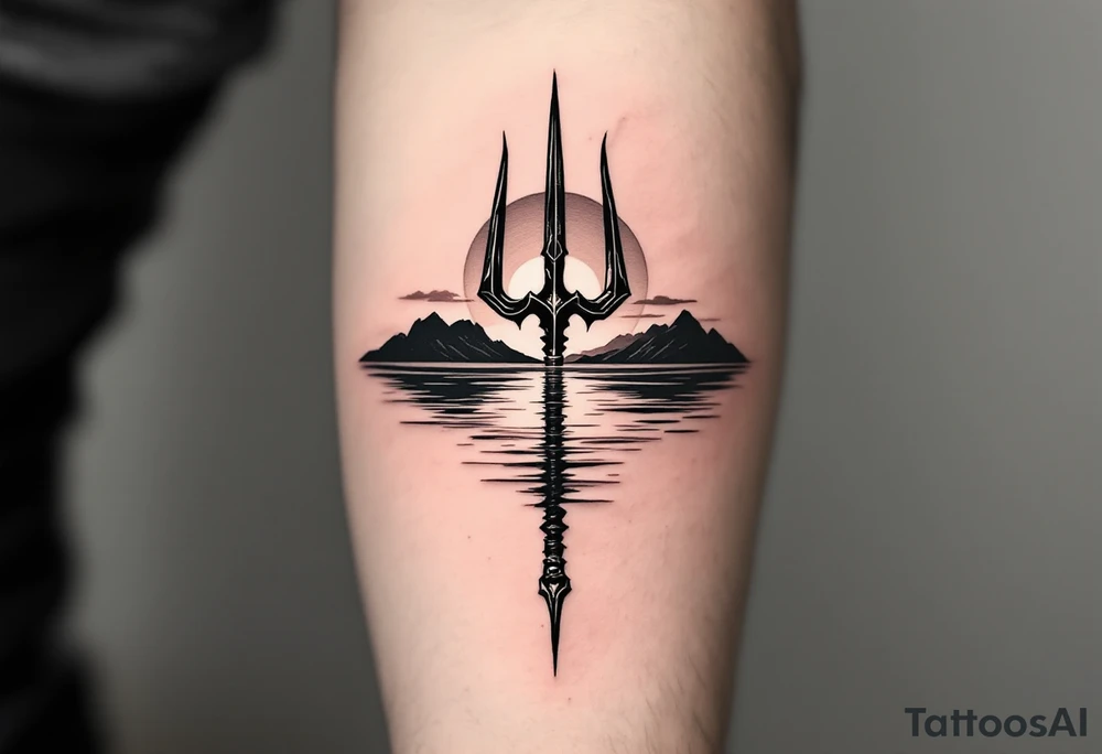 trident half way under calm water at sunset tattoo idea