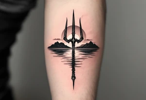 trident half way under calm water at sunset tattoo idea