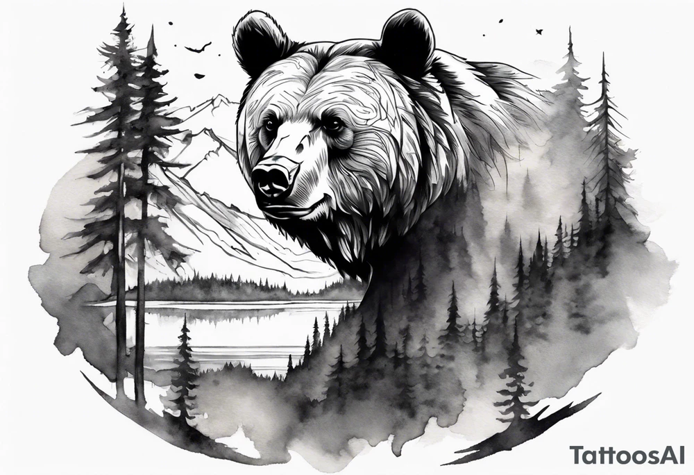 bear head right above the forest line with a lake below, full arm sleeve tattoo tattoo idea