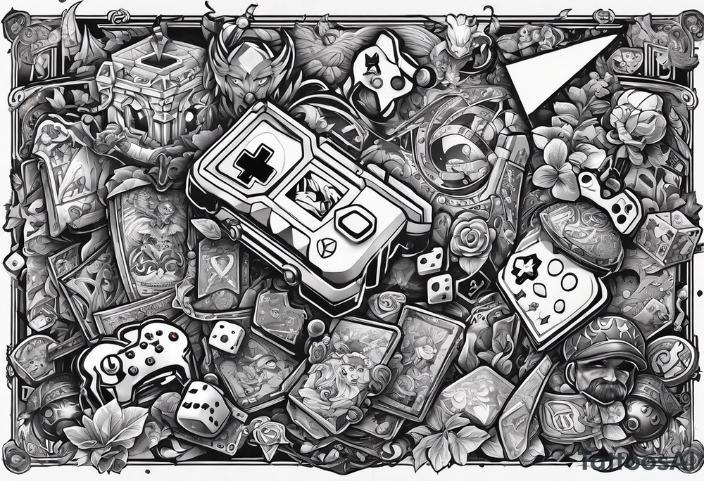 a stylized collage of iconic gaming symbols, characters, and items from various beloved games tattoo idea