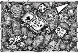 a stylized collage of iconic gaming symbols, characters, and items from various beloved games tattoo idea