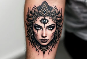 beautiful woman dmt deity with 3rd eye open tattoo idea