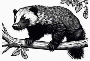 honey badger hanging off branch tattoo idea