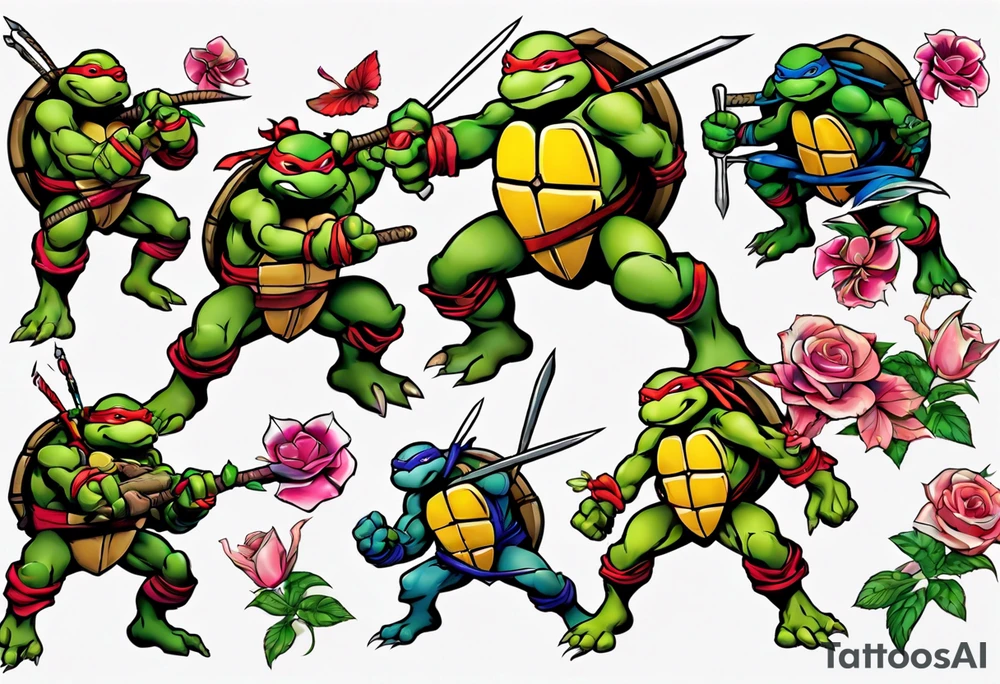 teenage mutant ninja turtles fighting with floral accents tattoo idea