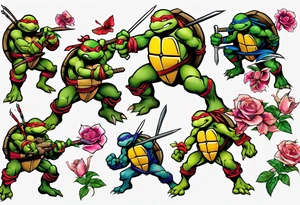 teenage mutant ninja turtles fighting with floral accents tattoo idea