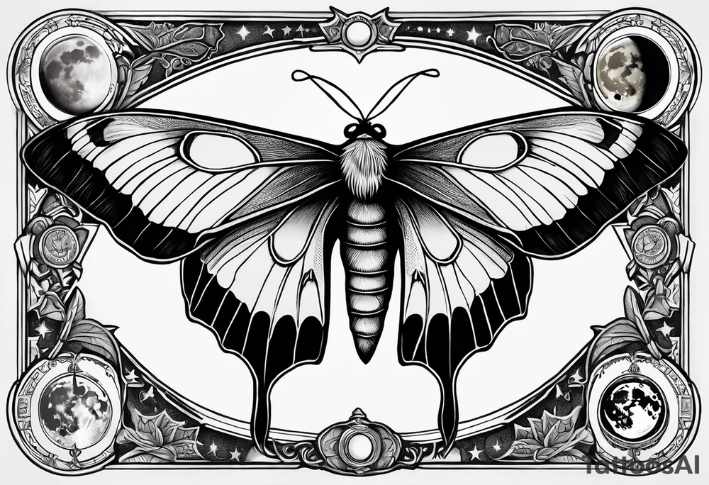 luna moth anatomically correct with five phases of the moon in order under the moth, and the words "carpe noctem" above it in sans serif font tattoo idea