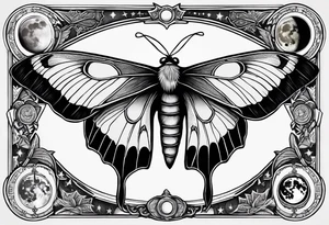 luna moth anatomically correct with five phases of the moon in order under the moth, and the words "carpe noctem" above it in sans serif font tattoo idea