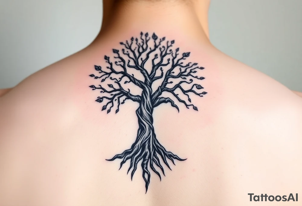 mystical tree of life with cosmic roots and celestial branches tattoo idea