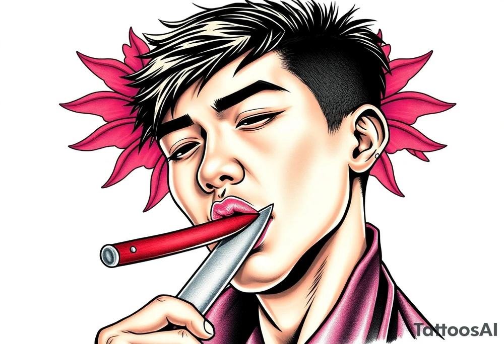 Handsome Asian young guy is licking a knife tattoo idea