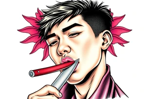Handsome Asian young guy is licking a knife tattoo idea