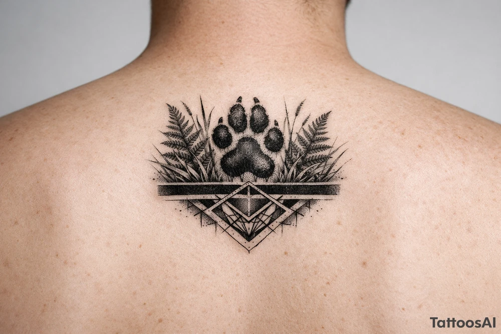 Kapradí, traviny, geometrie, otisk packy psa na paži, mezi kapradim a travinami geometrické vzory jemné, pod černý proužek, světlý proužek tattoo idea