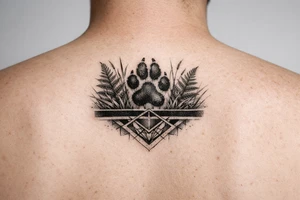 Kapradí, traviny, geometrie, otisk packy psa na paži, mezi kapradim a travinami geometrické vzory jemné, pod černý proužek, světlý proužek tattoo idea