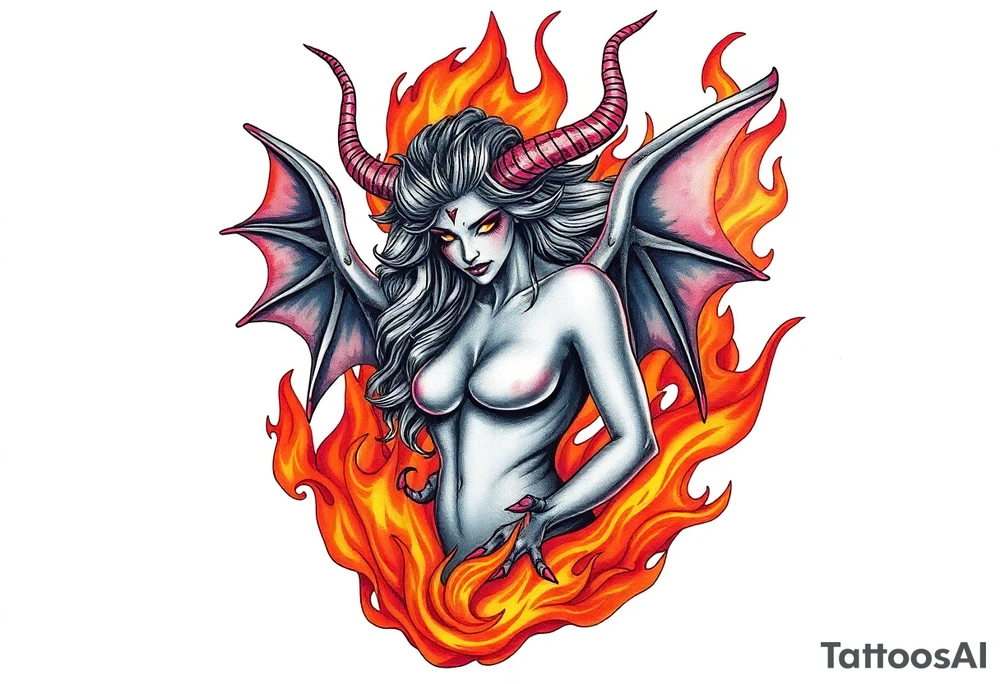 Female demon in the flame tattoo idea