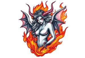 Female demon in the flame tattoo idea