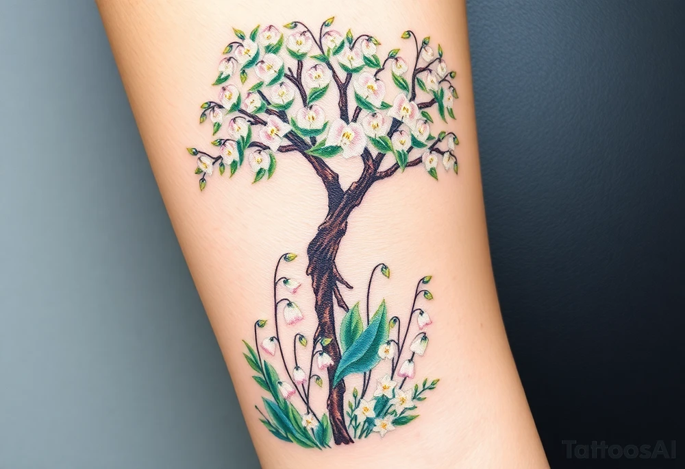 Lilly of the vally bell plants on the ground underneath a blooming hawthorn tree tattoo idea