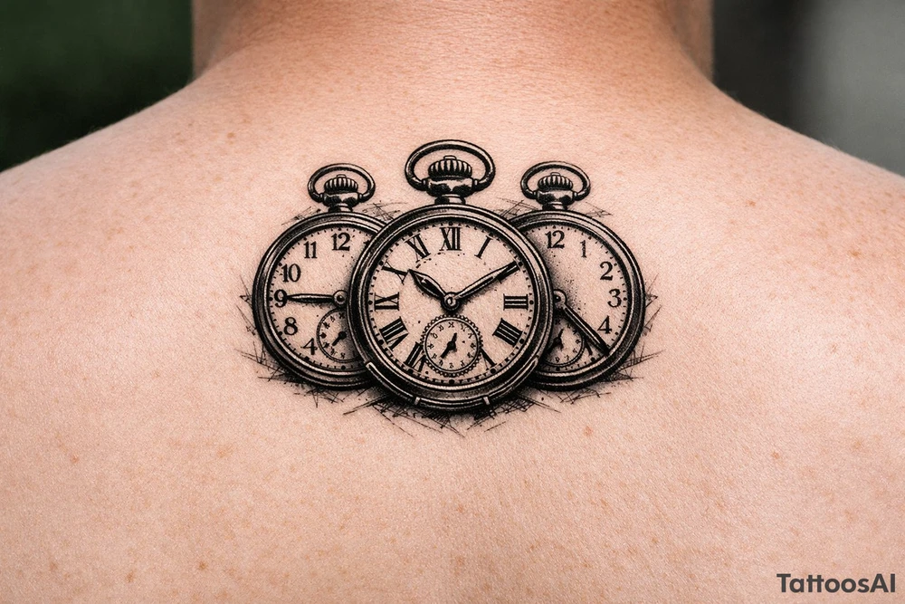 Three vintage pocket watches, open faces, showing different times. tattoo idea