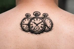 Three vintage pocket watches, open faces, showing different times. tattoo idea