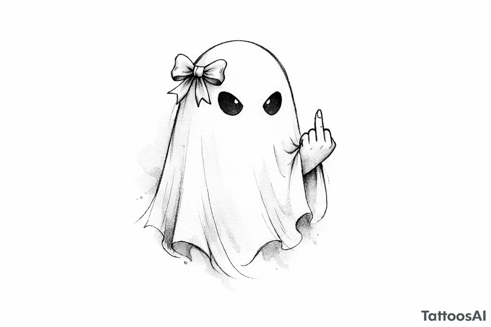 Ghost outline with a tiny, detailed bow and a defiant middle finger, watercolor style. tattoo idea