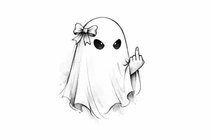 Ghost outline with a tiny, detailed bow and a defiant middle finger, watercolor style. tattoo idea