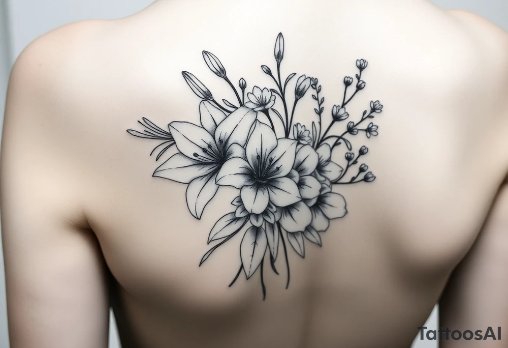 lilies with cherry blossoms and spider plant in a floral wrap on the arm tattoo idea