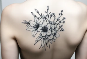 lilies with cherry blossoms and spider plant in a floral wrap on the arm tattoo idea