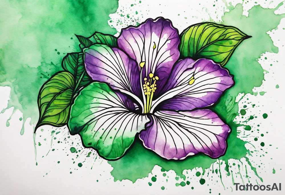 An outline of an only green rio dipladenia flower and a green and purple watercolor splash in the background tattoo idea