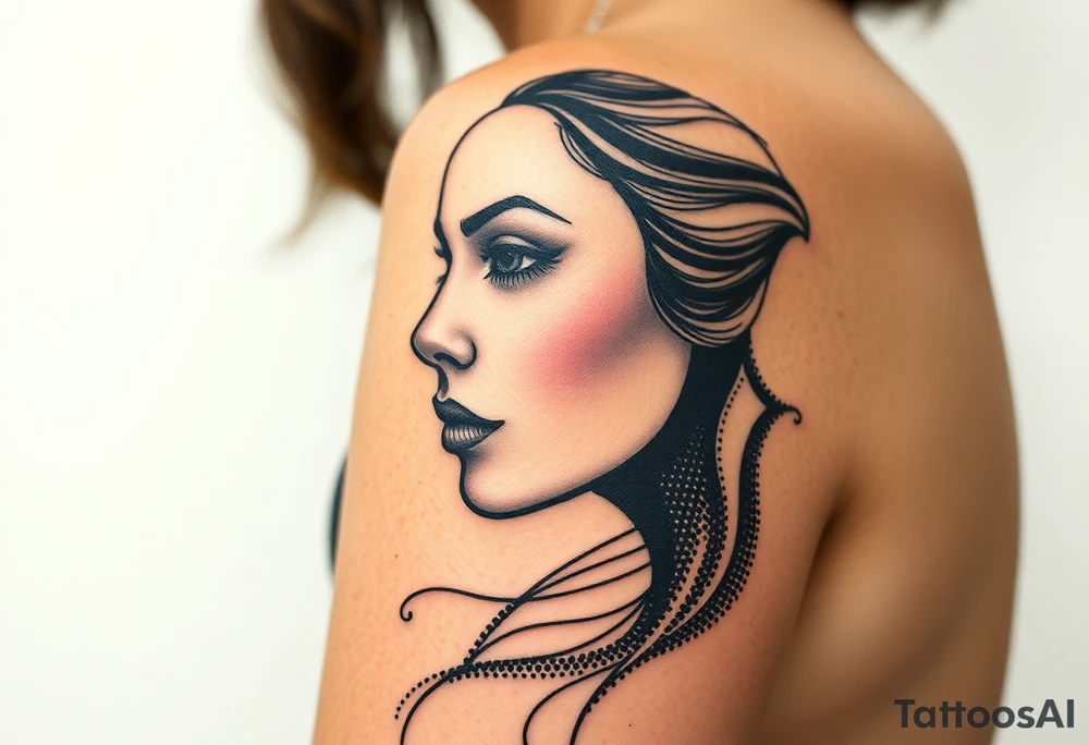 Desenhe uma tatuagem que simbolize uma mulher feminista de 41 anos, mãe de dois filhos homens, independente e filósofa inspirada nas teorias de Deleuze. A tatuagem deve expressar força, liberdade e conexão com a multiplicidade da vida, incorporando elementos abstratos e fluidos, com linhas que sugiram movimento e transformação contínua. Evite clichês e busque um design original e significativo. A tatuagem deve coobrir todo braço superior tattoo idea