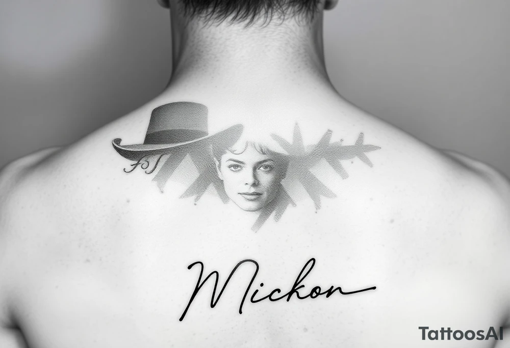 A black and grey realism tattoo design for an upper arm sleeve of Michael Jackson. The main design shows a photorealistic portrait fading out near the bottom. At the very bottom, his iconic official signature/autograph is written in clean, sharp fine-line script on a clean skin background, acting as a signature for the artwork. Professional tattoo flash tattoo idea