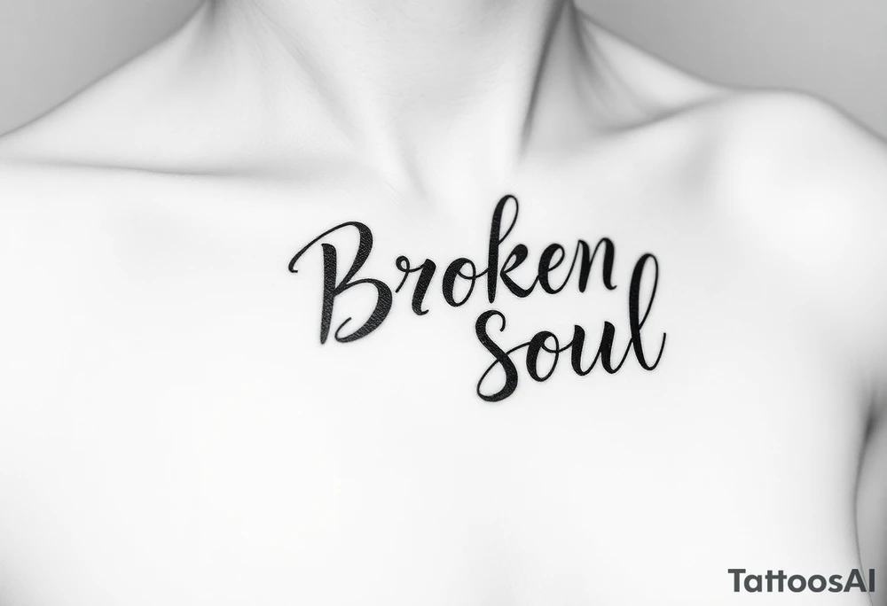 Broken Soul in calligraphy handwriting writing on the side of breast for a woman tattoo idea