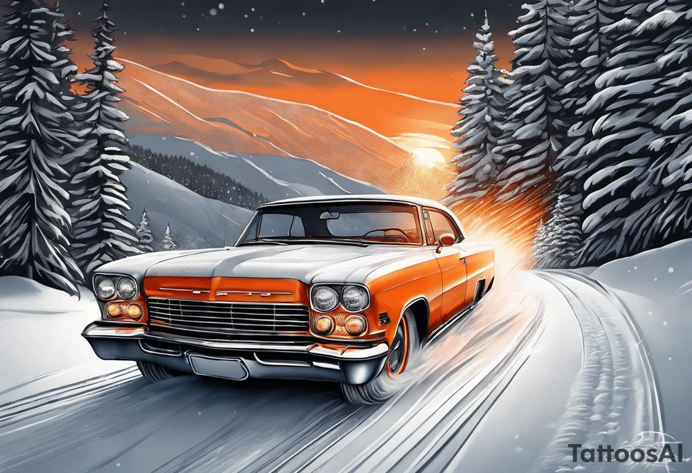 Peter bill driving through the snow with orange light striking behind it tattoo idea