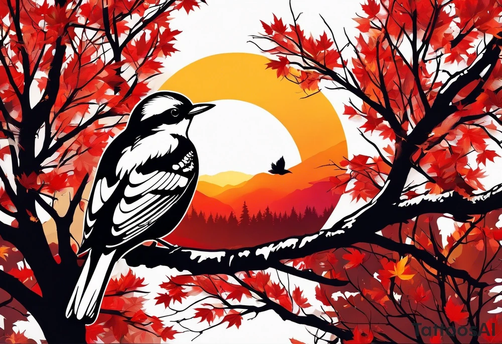 trash polka style. Arm tattoo. chest tattoo. Long tattoo. large tattoo. Full sleeve. Shoulder. A single large maple tree with red autumn leaves that branches upwards from wrist to shoulder. White-throated dipper bird on the trees branches. Calluna flowers at the base of the trees stem. Red/yellow sunset behind the trees stem. Leaves falling. tattoo idea